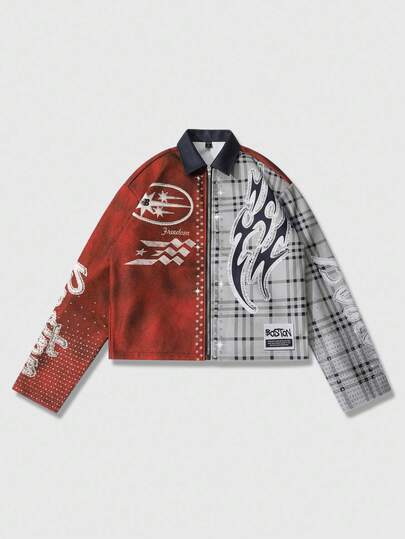 Street Life Veste zippée pour hommes avec imprimé contrasté de flamme et à carreaux