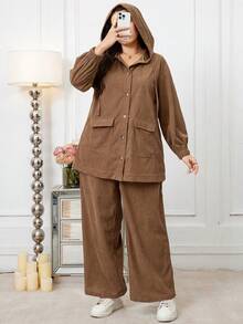 Modelyn 大码纯色连帽前开襟长袖外套和裤子休闲两件套 - 咖啡棕 - 查看 3