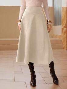 Modelyn 纯色仿麂皮绒优雅长款喇叭裙 - 杏色 - 查看 5