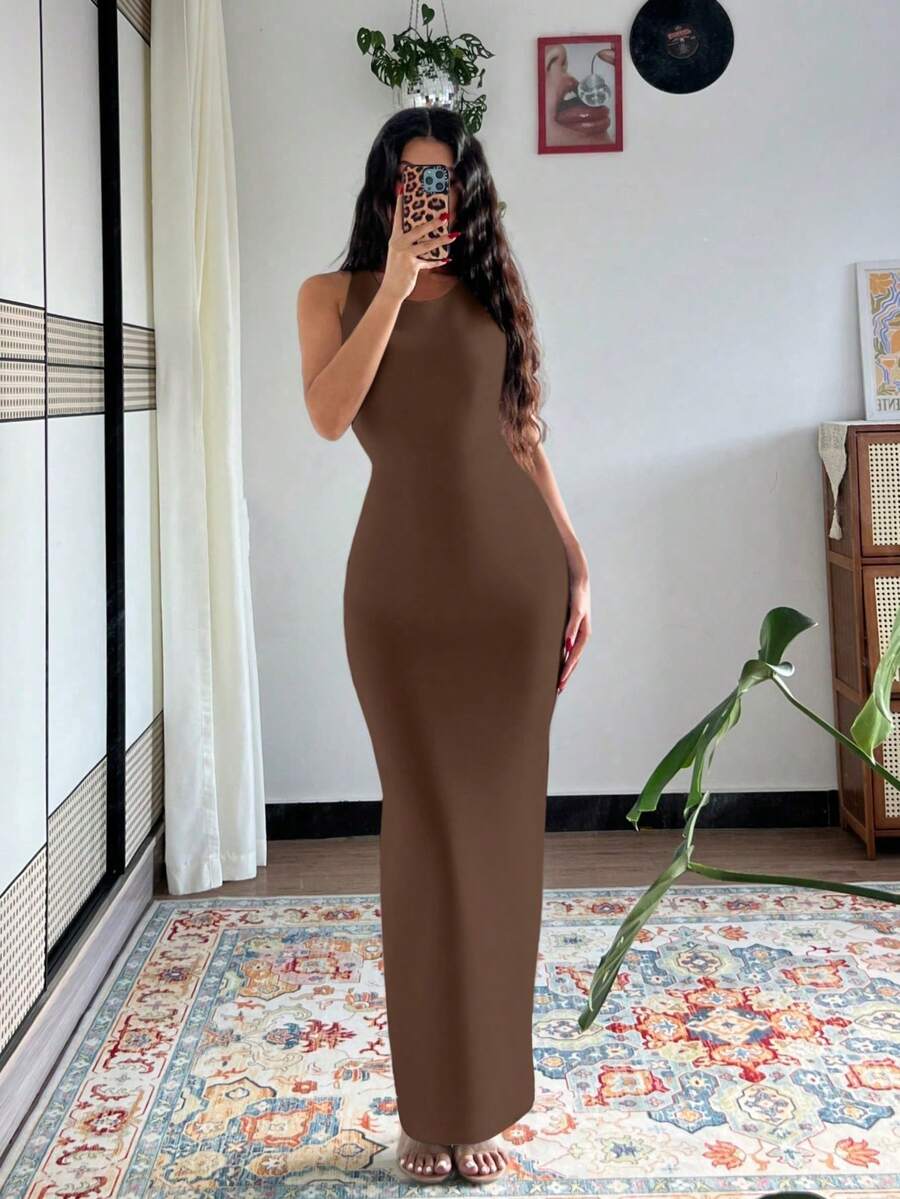 Rafferiza 女士扎染印花修身连衣裙，夏季长裙，绿色长款连衣裙女装 - 棕色 - 查看 1