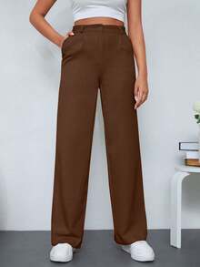 RueChic Solid Color Straight Leg Women's Suit Pants - Brown - View 6