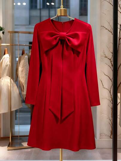 Regalyn Vestido corto casual y elegante con lazo y cremallera para tallas grandes