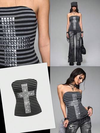 Grunge Punk Top fasciante a tubo con righe, borchie e dettagli a croce, in stile punk e sexy Y2K