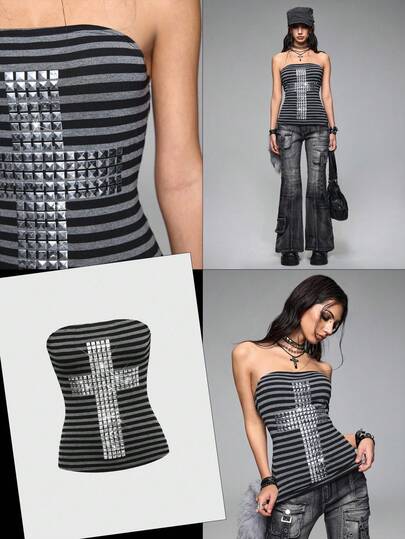 Grunge Punk Top tube ajusté à rayures, rivets et croix, style punk sexy Y2K
