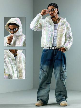 Street Life Men's Solid Color Minimalist Everyday Long Sleeve Mirror Pearl White Padded Coat