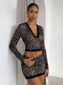 SHEIN Glamour Lace Black And White Polka Dot Deep V Neck Long Sleeve Top + Bodycon Mini Skirt 2 Pieces Set,Autumn 70's Club Night Party Disco See Through Mesh - Black - View 4