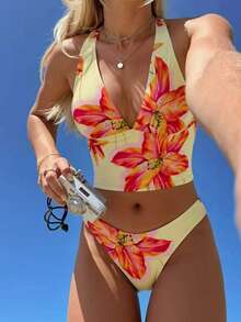 Swim Mod Women's Tropical Print Two Pieces Bikini Set, Casual Holiday Style,Summer Holiday Outfits, Flower Bikini ,Valentine's Day - Multicolor - View 1