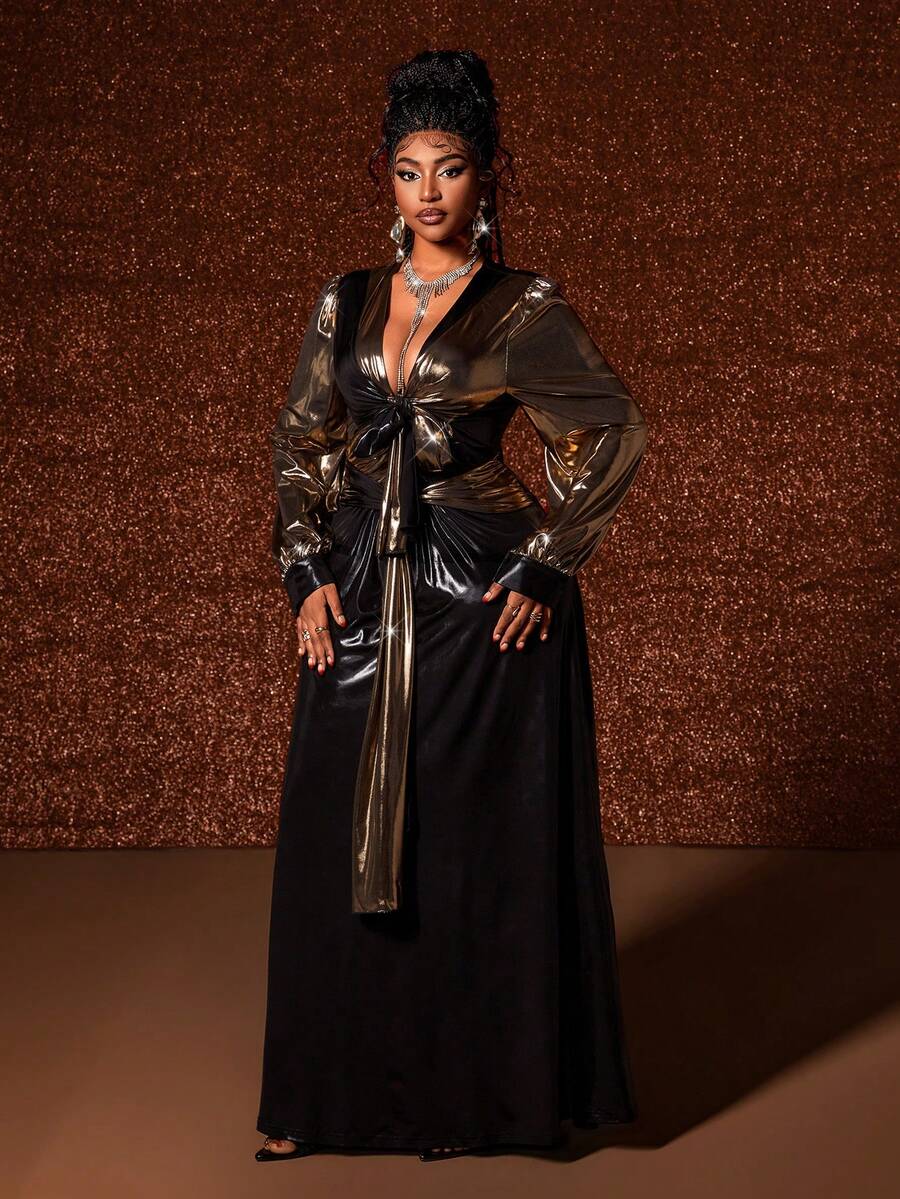 Maweii Robe de cocktail élégante à manches longues, col en V et taille froncée, grande taille, rouge pour le réveillon de Noël - Multicolore - Voir 1