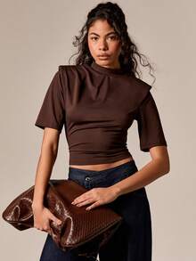 Shoulder Pad High Neck Ruched Short Sleeve T-Shirt With Draped Slinky Fabric And Cropped Fit - Coffee Brown - View 1