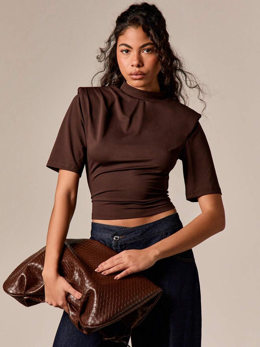Shoulder Pad High Neck Ruched Short Sleeve T-Shirt With Draped Slinky Fabric And Cropped Fit - Coffee Brown - View 1