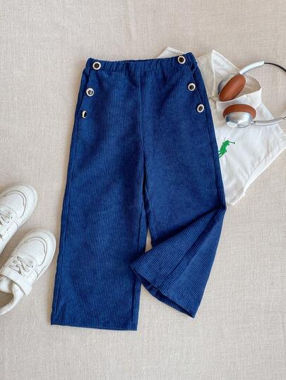 Joliand Joliand 1pc Young Girl Elegant Casual Urban Versatile Blue Corduroy Pants, Suitable For Outings, Gatherings, Back To School, Autumn/Winter,Christmas,Fall,Old Money,Fall,Fall For Kids,Winter ,Winter For Kid,Elegant Casual