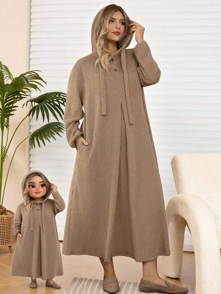 Plus Size Casual Loose Hooded Long Sleeve Pocket Brown Dress, Thanksgiving Outfit For Women, Autumn/Winter,2025 New