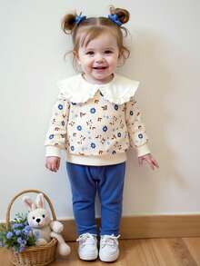 Playful Pals Toddler Girls 2pcs Knitted Long Sleeve Top And Pants Set,Floral Ruffle Shoulder Shirt With Ribbed Leggings,Beige Autumn Cute Modest Matching Family - Multicolor - View 3