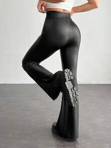 SHEIN PETITE Women's PU Leather High Elastic Flared Leggings - Black - View 2