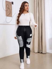 SHEIN CURVE+ Quần legging dáng rộng phong cách cổ điển thường ngày cỡ lớn, phù hợp cho mùa thu/đông - màu đen - Xem 3