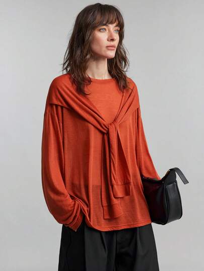 Ontre Women's Solid Color Round Neck 2 In 1 Bow Design Loose Long Sleeve Blouse, Versatile For Urban Commute, Business Casual, Office Wear, Elegant For Christmas, New Year Party, Black Basic Top For Outings Draped Top Burnt Orange Top Top With Scarf Fall Tops Women Orange Blouses For Women Valentine's Day Special Design High-End, Elegant, Old-Fashioned Cruise Attire For Wedding Guests