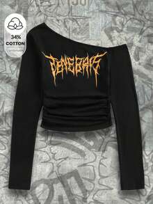 Shutterstock Y2Kool 女士哥特字母印花万圣节不对称肩部上衣冬季时尚服装系列新年装扮棉质 - 黑色 - 查看 1