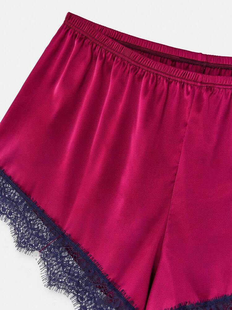 Satin Pajama Set Burgundy Cami And Shorts With Dark Blue Lace Trim Spring Women Clothes Spring Summer Lingerie Pajamas Set Lingerie Sleep Set Satin Lingerie Set
