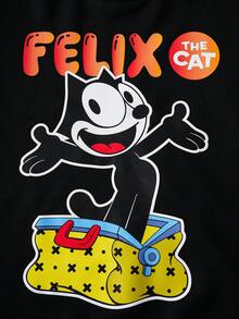 SHEIN Felix The Cat Tween Boy Cartoon Pattern Cute Casual Black Crew Neck Sweatshirt - Black - View 3