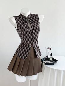 Elamini Brown Plaid Chenille Fabric Stand Collar Buttoned Waist Sleeveless Tank Top For Women, Autumn/Winter , Fashion, Commute, Retro, Teacher, Graduation, Back To School, Date, Elegant, Minimalist, Versatile - Brown - View 3