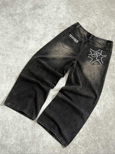 STEELVANCE Men's Casual Loose Fit Wide Leg Black Jeans Loose Wide Leg Print Black Street Hang Out Distressed Jeans For Punk Baggy Jeans With Design