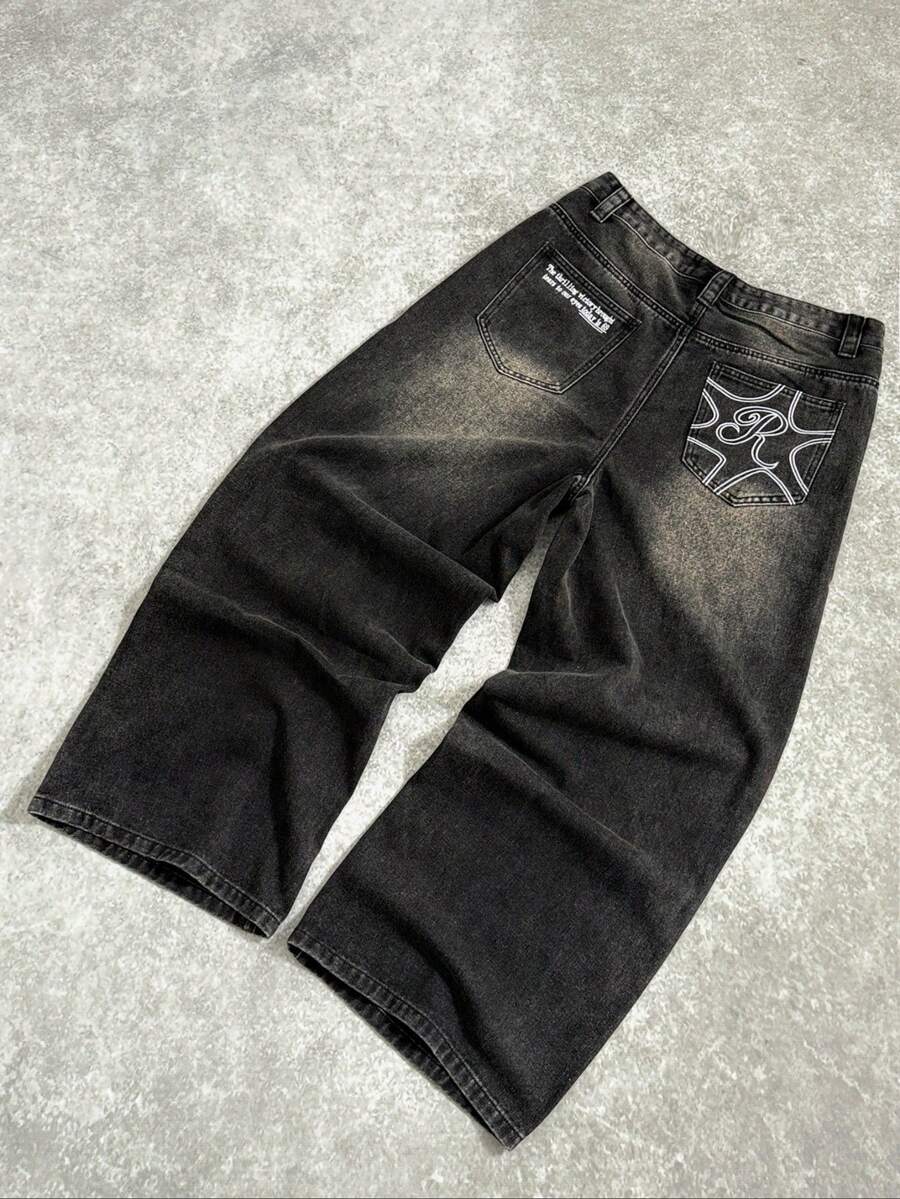 Manfinity EMRG Men's Casual Loose Fit Wide Leg Black Jeans Loose Wide Leg Print Black Street Hang Out Distressed Jeans For Punk Baggy Jeans With Design - Black - View 1