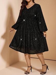 SHEIN LUNE 大码女式亮片腰部派对连衣裙 - 黑色 - 查看 8