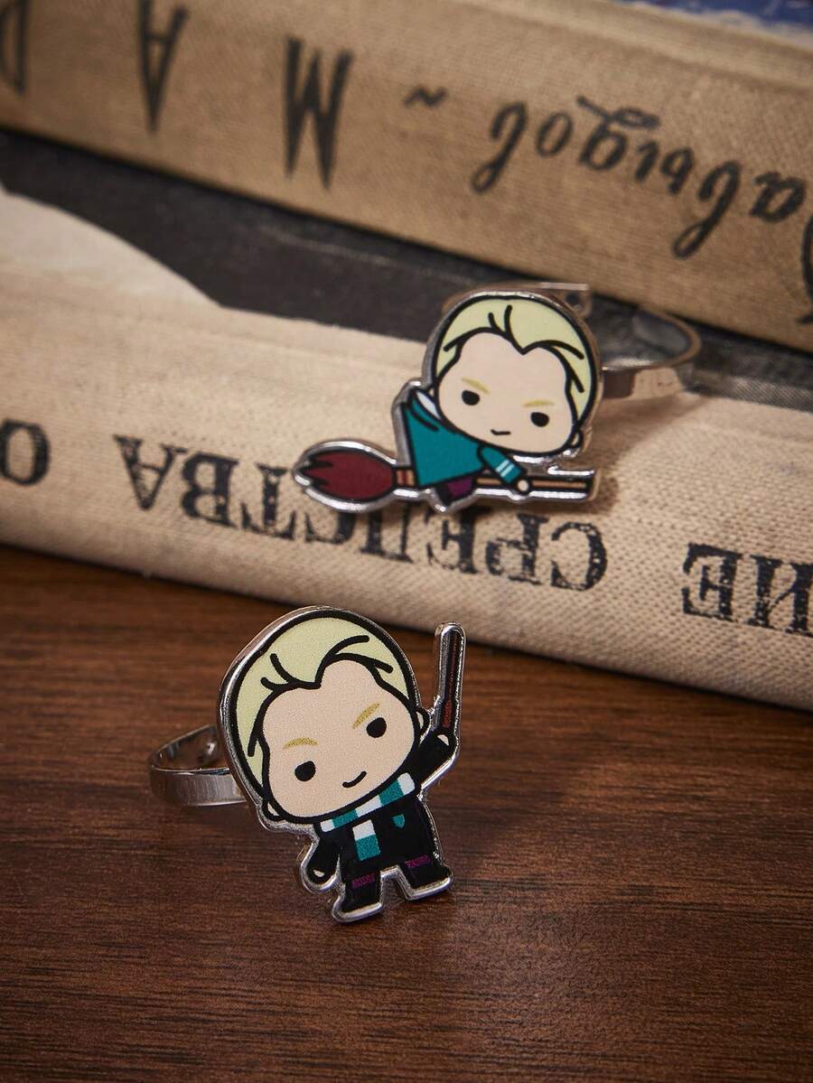 HARRY POTTER X SHEIN 热销锌合金可爱卡通元素印花系列开口戒指套装，奢华小众，适合各种派对、音乐会、节日等场合。 - 白金 - 查看 1