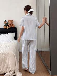 Dream Adore Casual Women's Dusty Blue Striped Short Sleeve Pajama Set With Lapel Neck And Pocket Woven Fabric Regular Length Sleepwear - Dusty Blue - View 2