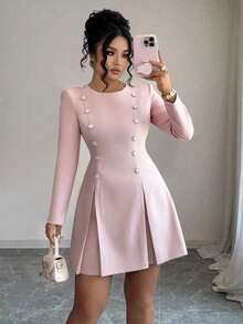 Elenzga 加大码圆领长袖纽扣水钻褶饰后背系带迷你连衣裙，优雅百搭通勤鸡尾酒会连衣裙，粉色 - 粉色 - 查看 1