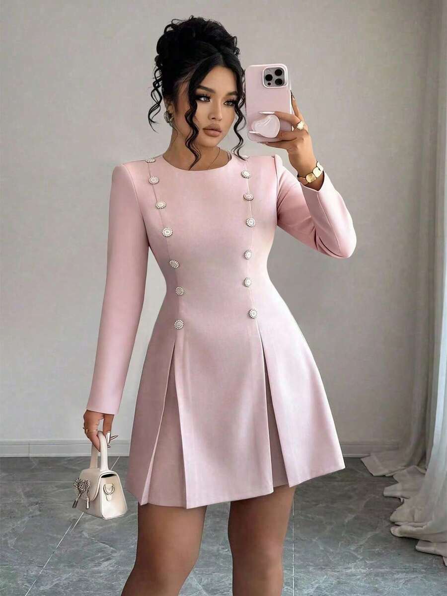 Elenzga 加大码圆领长袖纽扣水钻褶饰后背系带迷你连衣裙，优雅百搭通勤鸡尾酒会连衣裙，粉色 - 粉色 - 查看 1