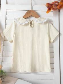 Girls' Refreshing Ruffled Collar Round Neck Ribbed Knit T-Shirt, Spring/Summer - Multicolor - View 2