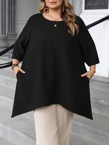 SHEIN CURVE+ 大码女式纯色圆领七分袖口袋宽松衬衫/2026/新年 - 黑色 - 查看 6