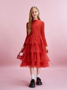 Tween Girl Solid Color Mandarin Collar Long Sleeve Patchwork Multi-Layer Mesh Ruffle Hem Cute Dress - Red - View 4