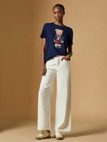 Briarwyn Casual Women's Navy Blue Short Sleeve Round Neck T-Shirt Featuring A Festive Bear Print - Navy Blue - View 8