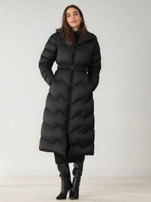 EURMUSE Black Long Padded Coat With Red Inline And Zipper - Black - View 1