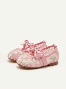 Cozy Pixies 1 Pair Spring/Summer Lace Cute Floral Mesh Bow Decor Flat Princess Shoes For Girls, Suitable For Wedding, Party, Gathering - Pink - View 5