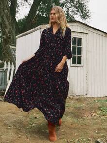 Freevana 女士度假黑色碎花衬衫裙，宽松七分袖连衣裙，休闲秋冬连衣裙