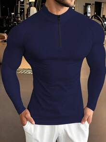 Manfinity Sport Corelite 男士藏蓝色长袖针织运动T恤，立领设计，适合运动健身，长袖健身上衣，男士压缩上衣，氨纶紧身衣，紧身健身衫，男士压缩衫 - 藏蓝色 - 查看 3