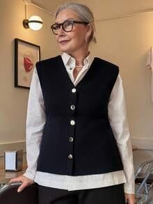 女士无袖V领藏蓝色修身收腰毛衣背心 - 藏蓝色 - 查看 5