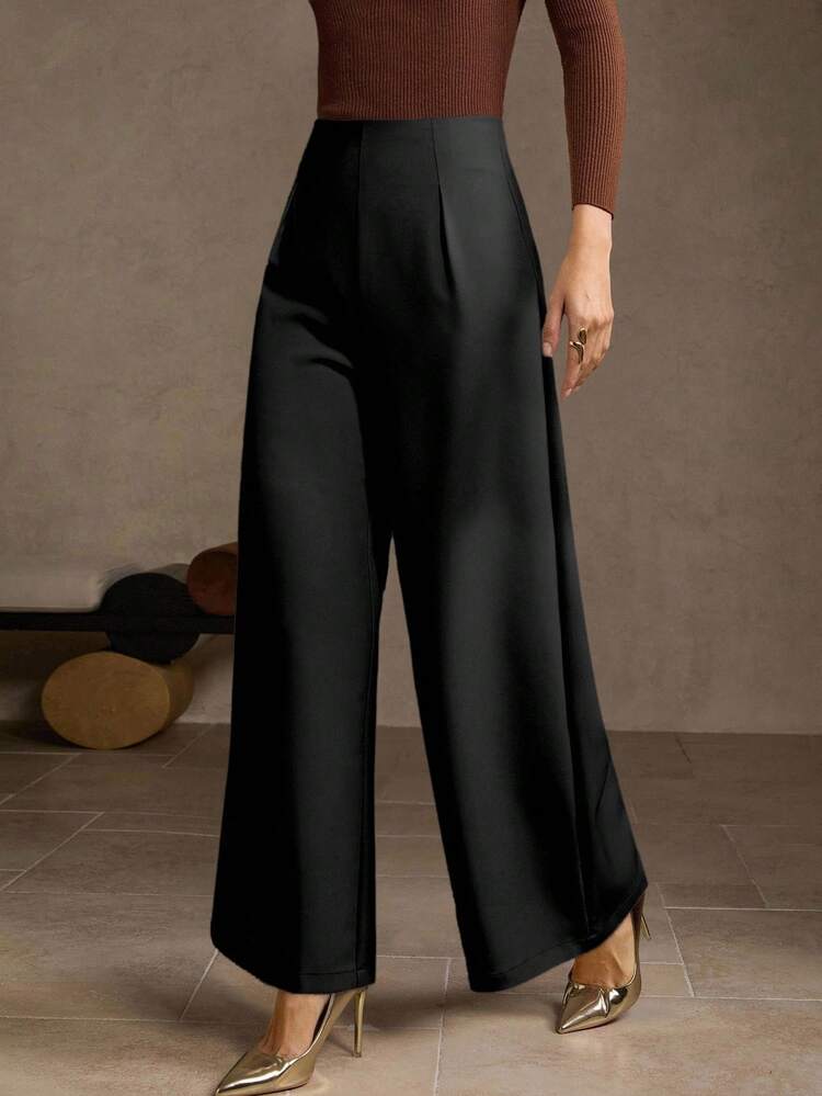 SOLID HIGH WAIST FOLD PLEATED WIDE LEG PANTS