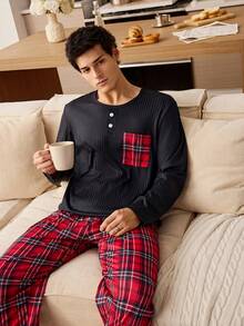 CoupledUp Fashionable Contrast Plaid Pocket Men's Pajama Set Couple Pajama Sets Men Pjs Set - Black - View 7