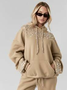 MISSGUIDED Rhinestone Embellished Pullover Hoodie With Crystal Details And Drawstring For Casual Streetwear Winter Fall Fashion - Khaki - View 4