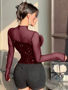 DAZY Spring New Sheer Mesh Patchwork Textured Party Style Women T-Shirt New Years Glitter Top Y2k - Burgundy - View 2