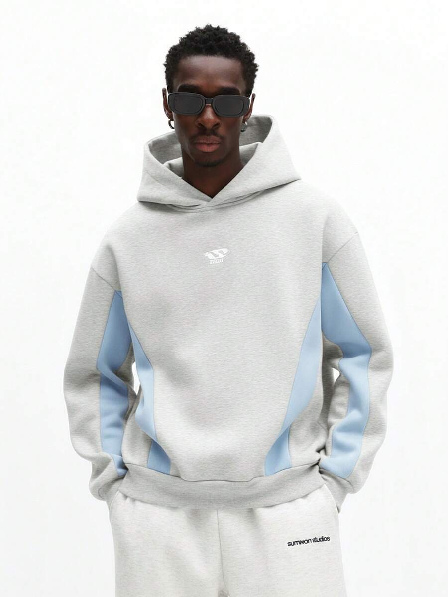 SUMWON Regular Fit Color Blocking Pullover Hoodie With Contrast Panel Design Long Sleeve Casual Streetwear Sweatshirt For Winter Fall Plain - Grey - View 1