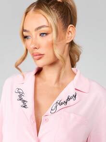 Missguided x Playboy Embroidered Bunny Long Sleeve Button Up Pajama Set With Wide Leg Pants - Pink - View 4