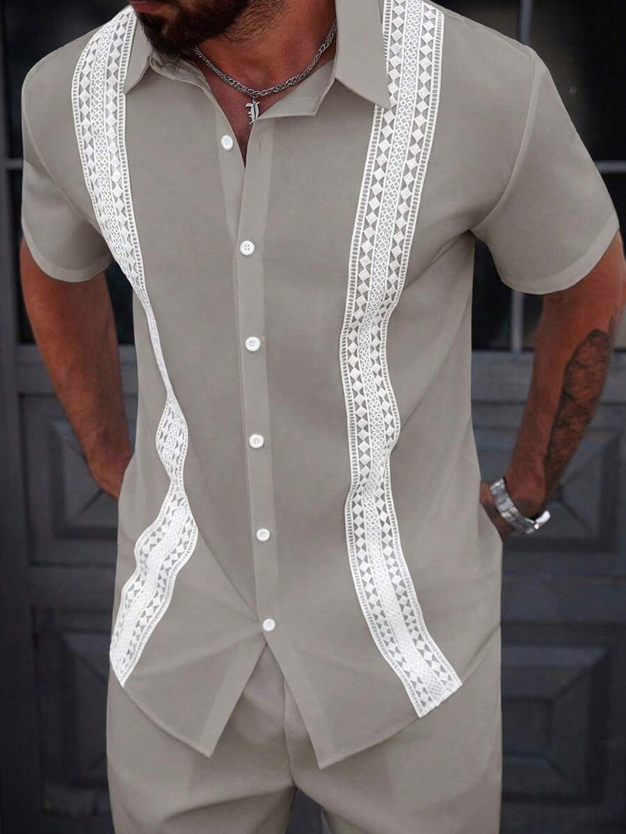 Manfinity CasualCool 男士休闲短袖衬衫，适合日常通勤，蕾丝网眼衬衫 - 灰色 - 查看 1