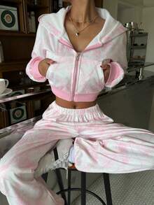 Muchica Women's Casual Pink Leaf Print Drop-Shoulder Loose Zip-Up Cropped Hoodie And Jogging Pants Set; Women's Hooded Sweatshirt And Jogger Pants Two-Piece Set; Women's Autumn Sportswear Set; Women's Winter Clothing; Brown; New Year's; Party; Christmas; Thanksgiving; Graduation; Luxury; Fashion Y2k Women Two Piece Outfits - Multicolor - View 5