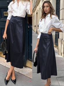 Pariaura 女士纯色高腰半身裙，适合上班 - 藏蓝色 - 查看 3