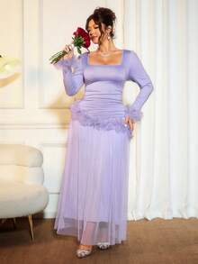 Elenzga Đầm dài ngang gối thanh lịch màu tím hoa văn phối ren và lưới dành cho nữ cỡ lớn, thích hợp cho ngày Valentine, thiết kế tay dài độc đáo, phù hợp để mặc nhiều lớp vào mùa đông, đi du lịch, nghỉ dưỡng và dự tiệc cưới lãng mạn. - Màu tím hoa cà - Xem 5